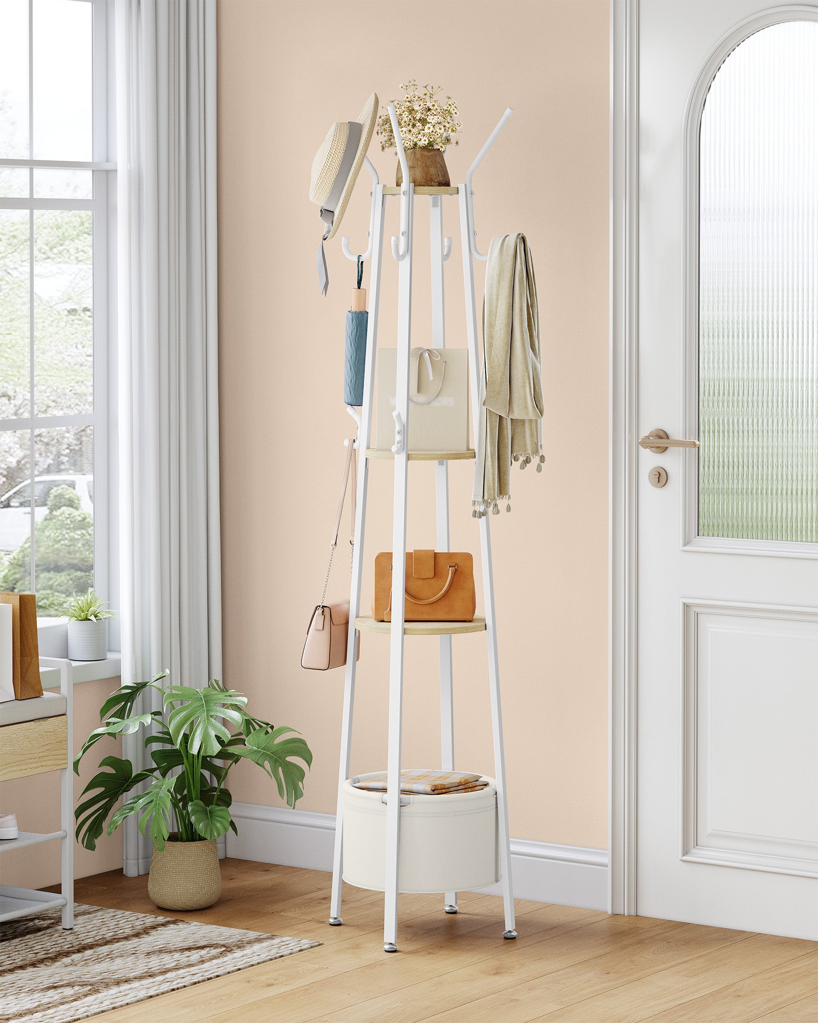 Hzuaneri Coat Stand, Coat Rack with 16 Hooks and 1 Basket, Metal Coats Hall Tree for Scarves, Bags, Hats, FreeStanding, Hallway, Living Room, Bedroom, Office, White Oak CR27316W