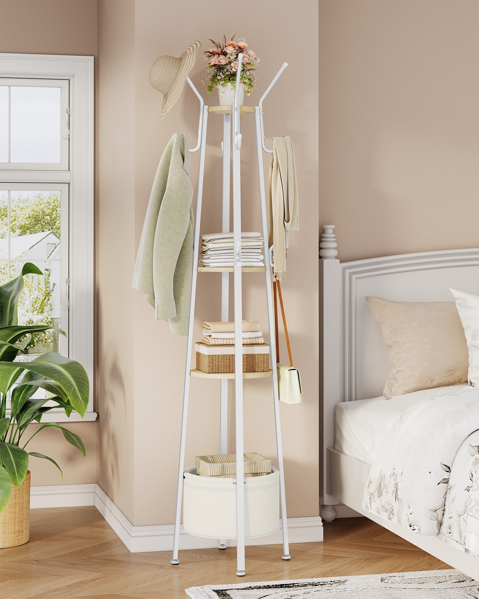 Hzuaneri Coat Stand, Coat Rack with 16 Hooks and 1 Basket, Metal Coats Hall Tree for Scarves, Bags, Hats, FreeStanding, Hallway, Living Room, Bedroom, Office, White Oak CR27316W