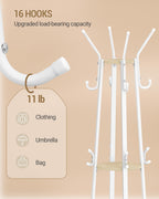 Hzuaneri Coat Stand, Coat Rack with 16 Hooks and 1 Basket, Metal Coats Hall Tree for Scarves, Bags, Hats, FreeStanding, Hallway, Living Room, Bedroom, Office, White Oak CR27316W
