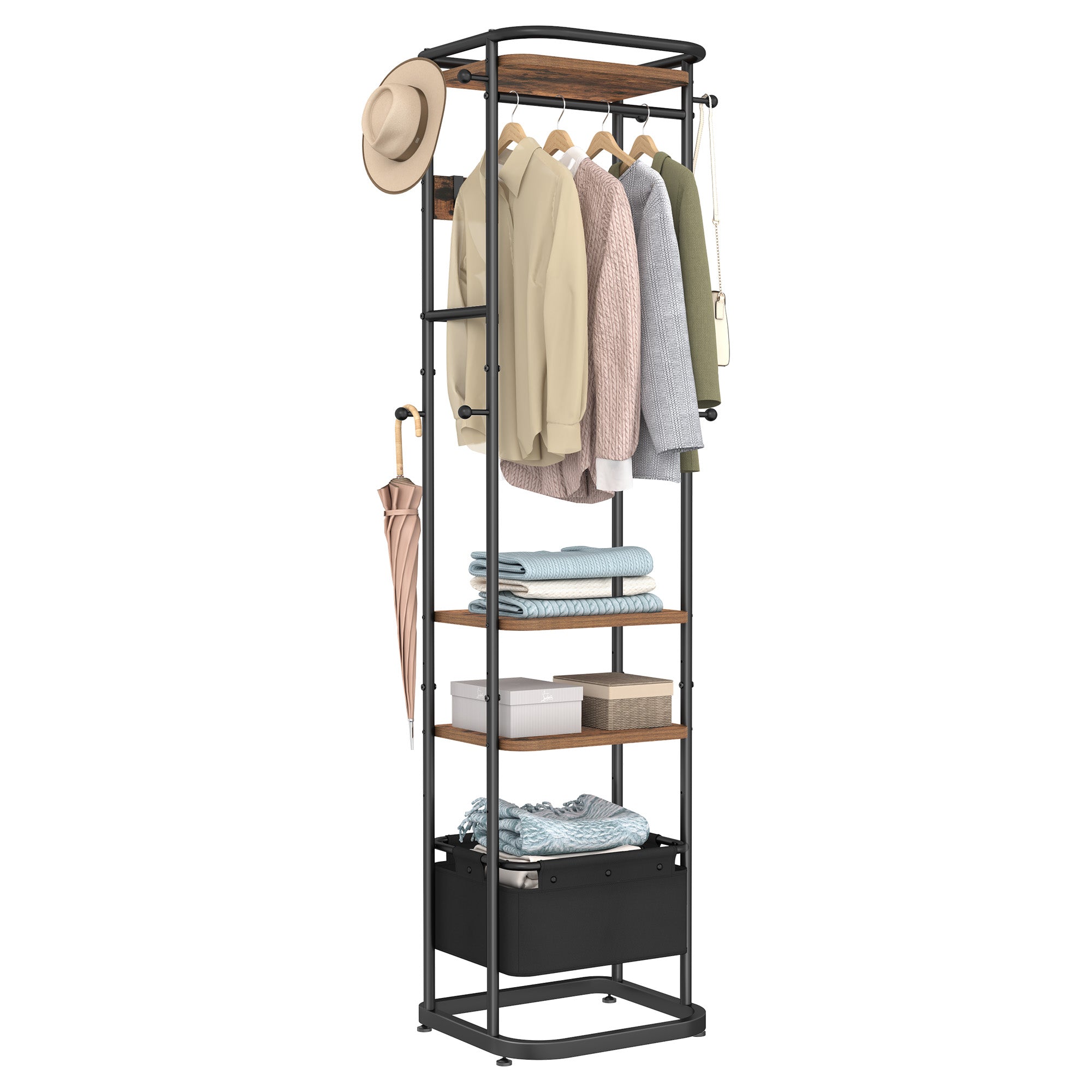 Hzuaneri Coat Rack with Large Storage Basket, Coat Rack with 3 Shelves, 11 Hooks, 40 x 44.5 x 182 cm, for Bedroom, Hallway, Entryway, Brown and Black CR34701B