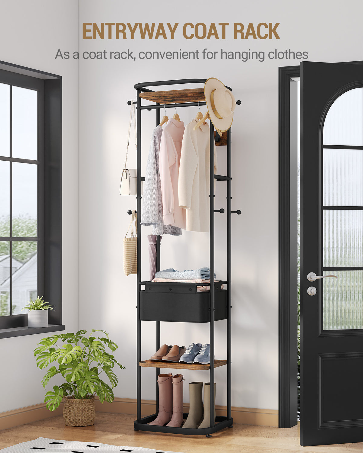 Hzuaneri Coat Rack with Large Storage Basket, Coat Rack with 3 Shelves, 11 Hooks, 40 x 44.5 x 182 cm, for Bedroom, Hallway, Entryway, Brown and Black CR34701B