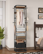 Hzuaneri Coat Rack with Large Storage Basket, Coat Rack with 3 Shelves, 11 Hooks, 40 x 44.5 x 182 cm, for Bedroom, Hallway, Entryway, Brown and Black CR34701B