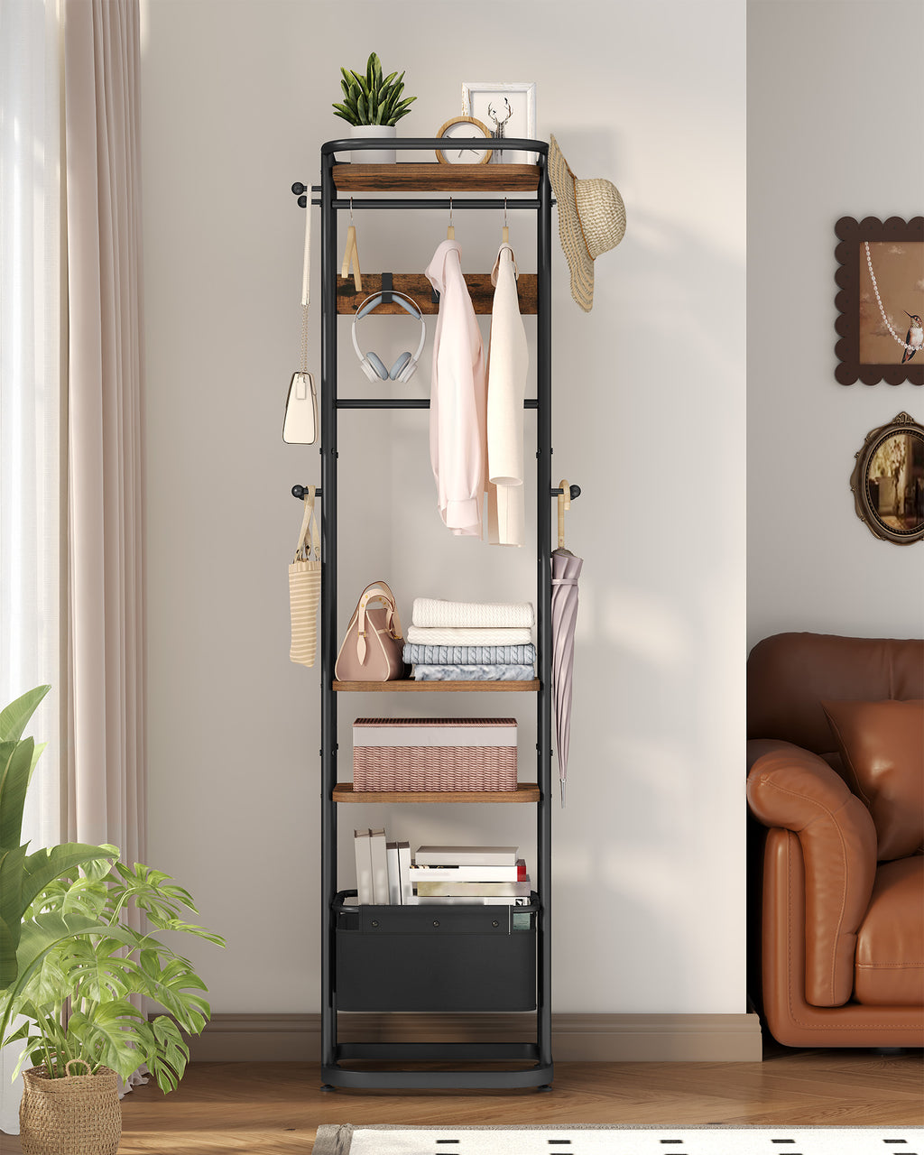 Hzuaneri Coat Rack with Large Storage Basket, Coat Rack with 3 Shelves, 11 Hooks, 40 x 44.5 x 182 cm, for Bedroom, Hallway, Entryway, Brown and Black CR34701B