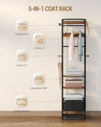 Hzuaneri Coat Rack with Large Storage Basket, Coat Rack with 3 Shelves, 11 Hooks, 40 x 44.5 x 182 cm, for Bedroom, Hallway, Entryway, Brown and Black CR34701B