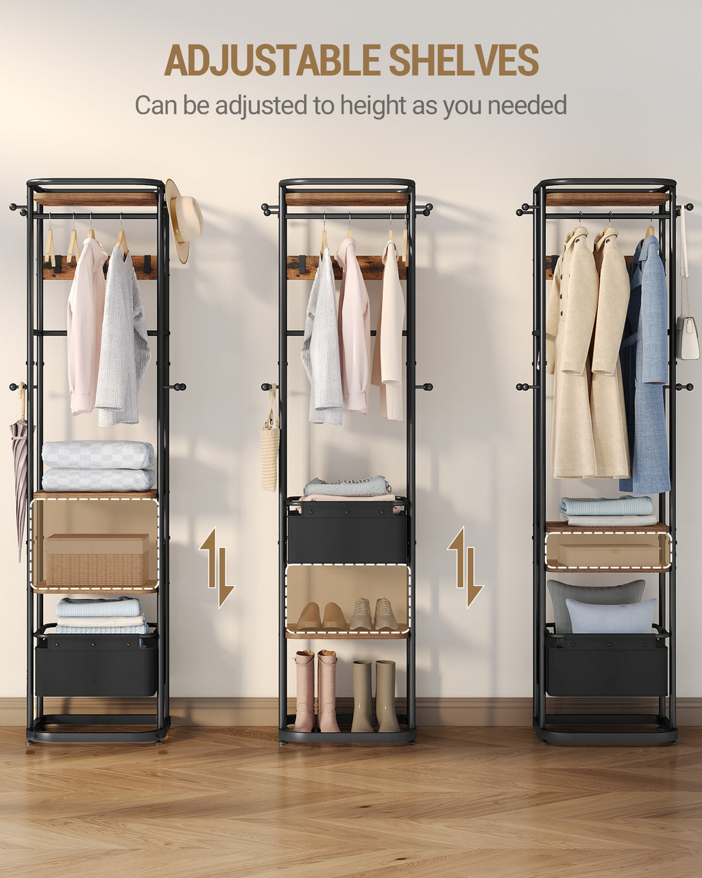 Hzuaneri Coat Rack with Large Storage Basket, Coat Rack with 3 Shelves, 11 Hooks, 40 x 44.5 x 182 cm, for Bedroom, Hallway, Entryway, Brown and Black CR34701B