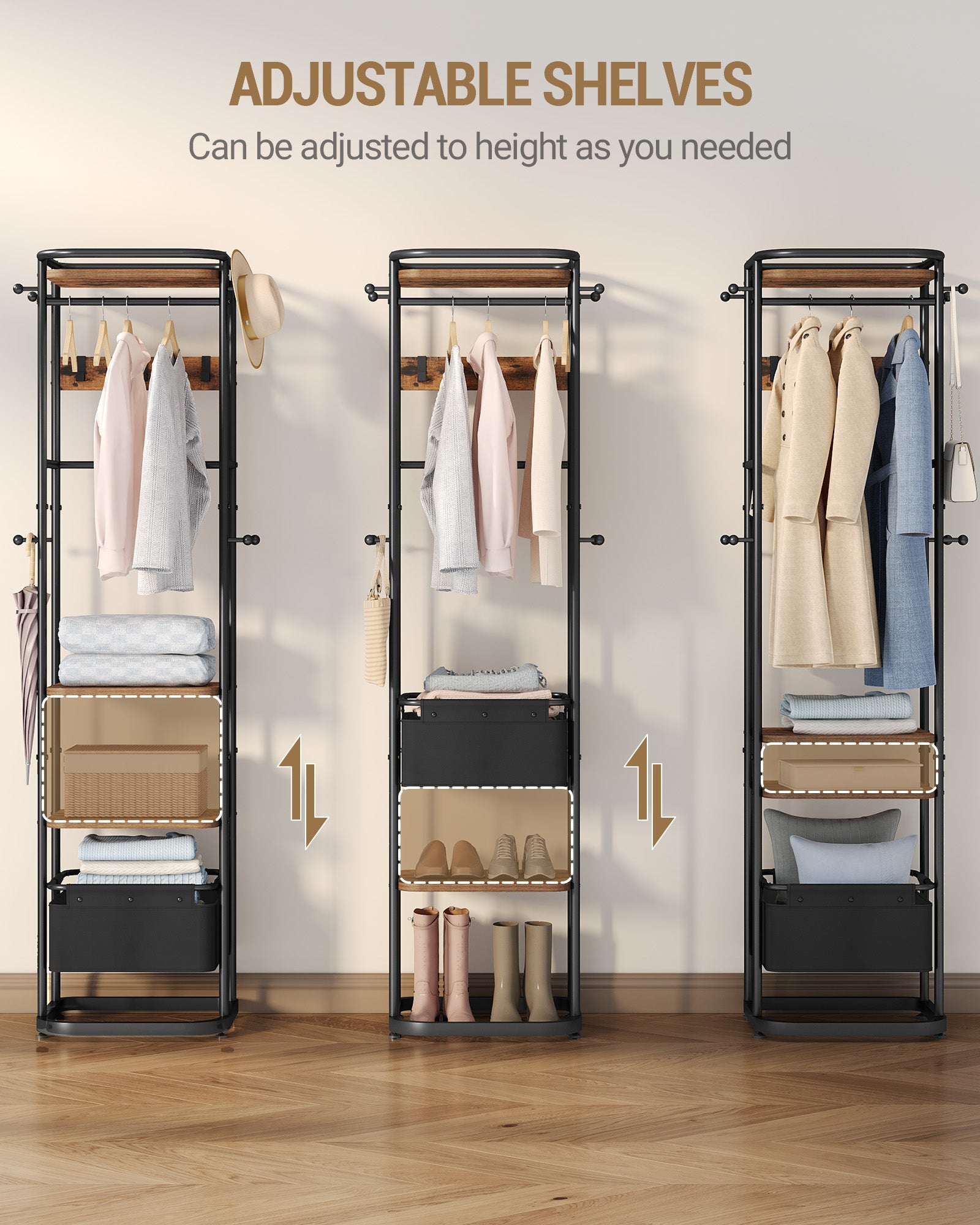 Hzuaneri Coat Rack with Large Storage Basket, Coat Rack with 3 Shelves, 11 Hooks, 40 x 44.5 x 182 cm, for Bedroom, Hallway, Entryway, Brown and Black CR34701B