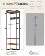 Hzuaneri Coat Rack with Large Storage Basket, Coat Rack with 3 Shelves, 11 Hooks, 40 x 44.5 x 182 cm, for Bedroom, Hallway, Entryway, Brown and Black CR34701B