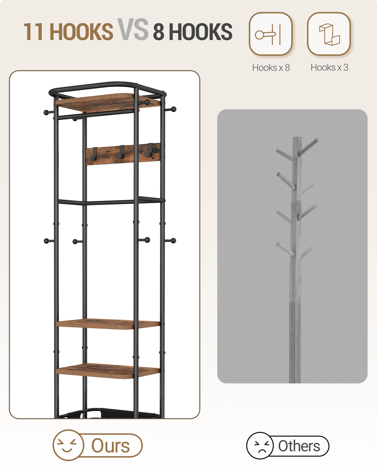 Hzuaneri Coat Rack with Large Storage Basket, Coat Rack with 3 Shelves, 11 Hooks, 40 x 44.5 x 182 cm, for Bedroom, Hallway, Entryway, Brown and Black CR34701B