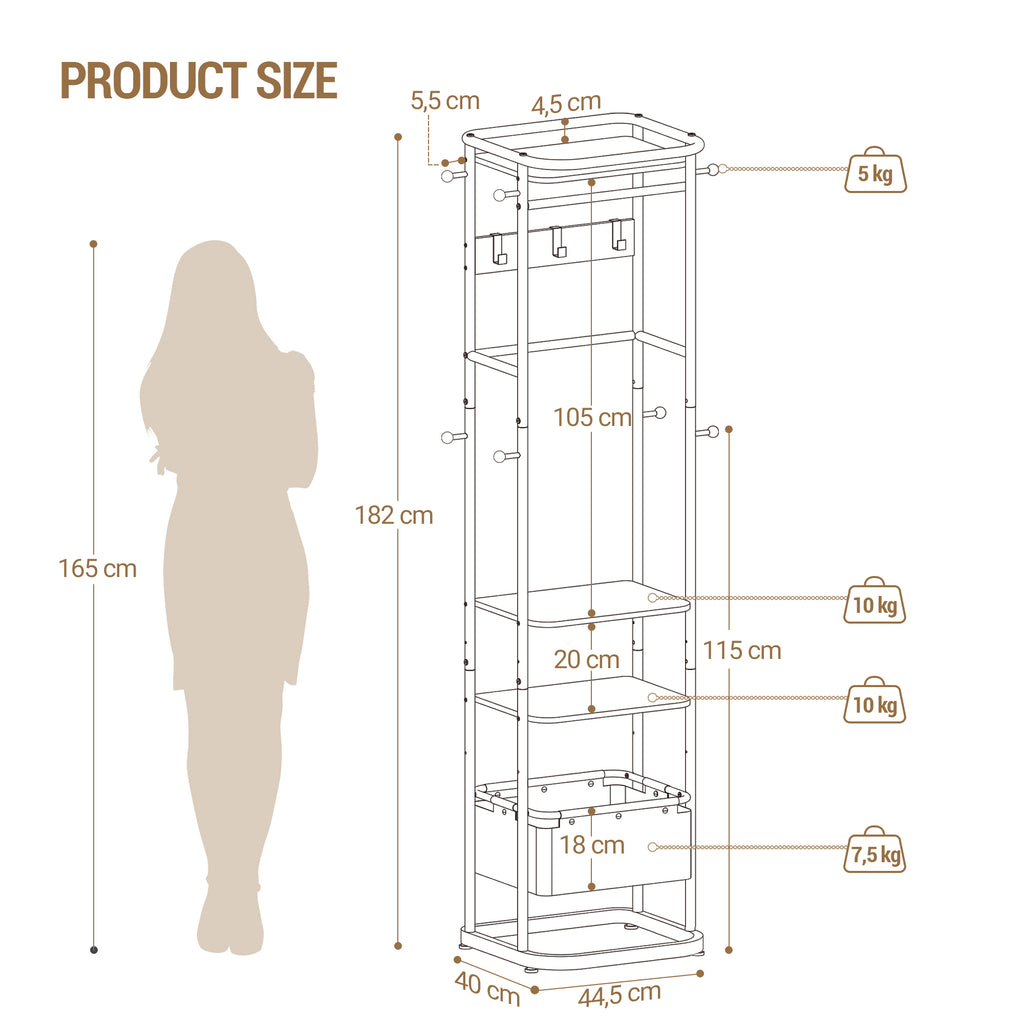 Hzuaneri Coat Rack with Large Storage Basket, Coat Rack with 3 Shelves, 11 Hooks, 40 x 44.5 x 182 cm, for Bedroom, Hallway, Entryway, Brown and Black CR34701B
