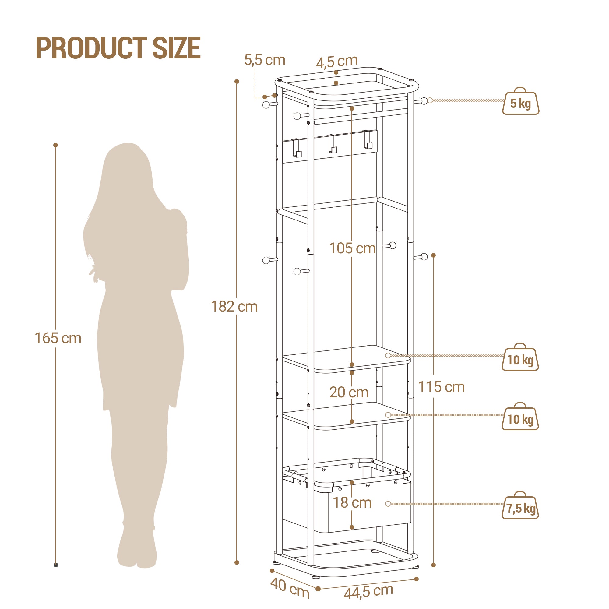 Hzuaneri Coat Rack with Large Storage Basket, Coat Rack with 3 Shelves, 11 Hooks, 40 x 44.5 x 182 cm, for Bedroom, Hallway, Entryway, Brown and Black CR34701B