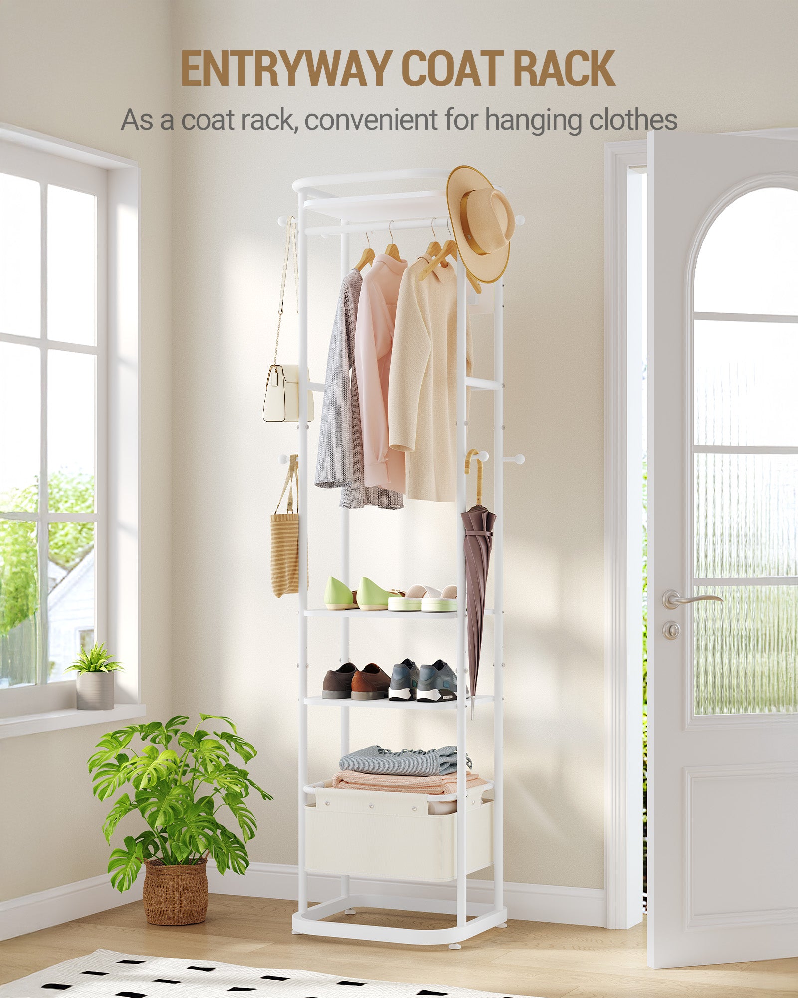 Hzuaneri Coat Stand with Large Storage Basket with 3 Shelves 11 Hooks 40 x 44.5 x 182 cm for Bedroom Hallway Entrance Area White CR34703W