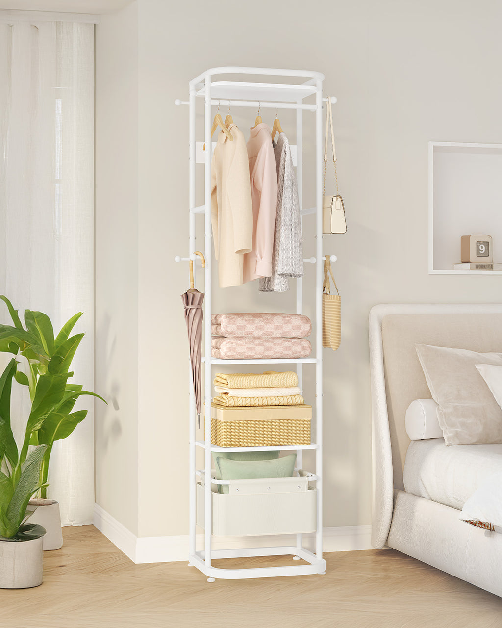 Hzuaneri Coat Stand with Large Storage Basket with 3 Shelves 11 Hooks 40 x 44.5 x 182 cm for Bedroom Hallway Entrance Area White CR34703W