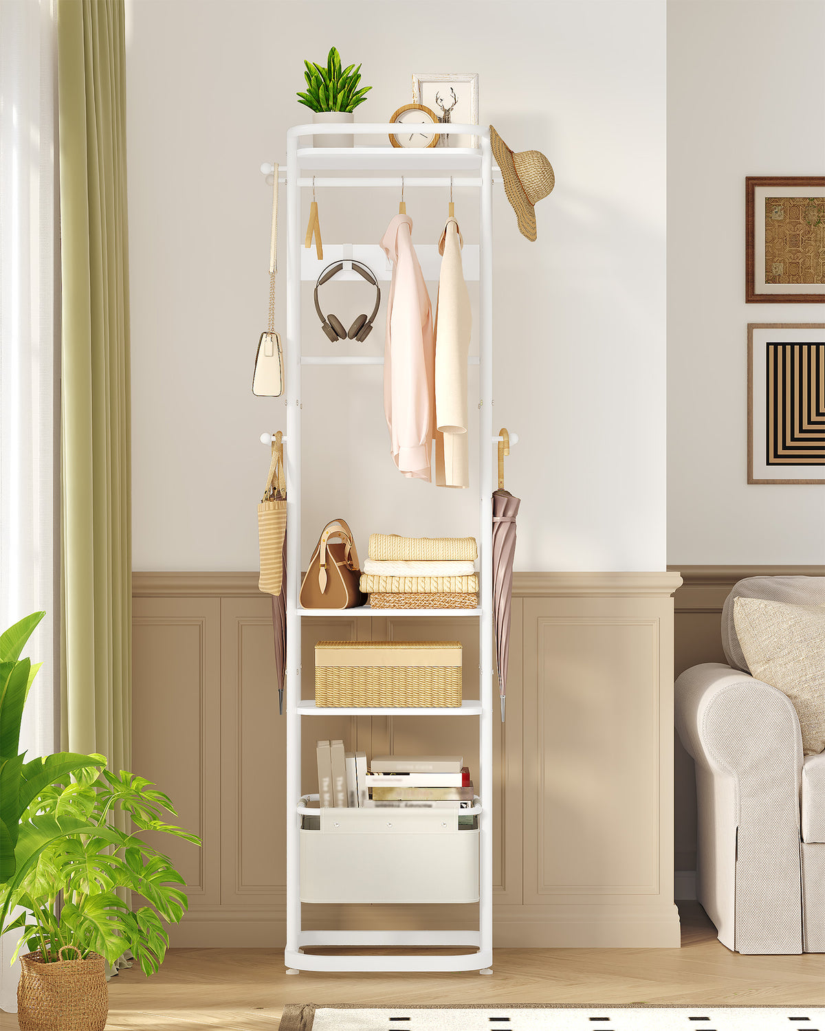 Hzuaneri Coat Stand with Large Storage Basket with 3 Shelves 11 Hooks 40 x 44.5 x 182 cm for Bedroom Hallway Entrance Area White CR34703W