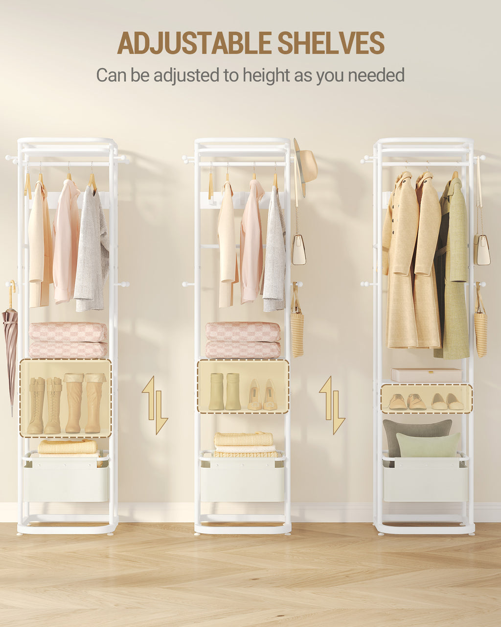 Hzuaneri Coat Stand with Large Storage Basket with 3 Shelves 11 Hooks 40 x 44.5 x 182 cm for Bedroom Hallway Entrance Area White CR34703W