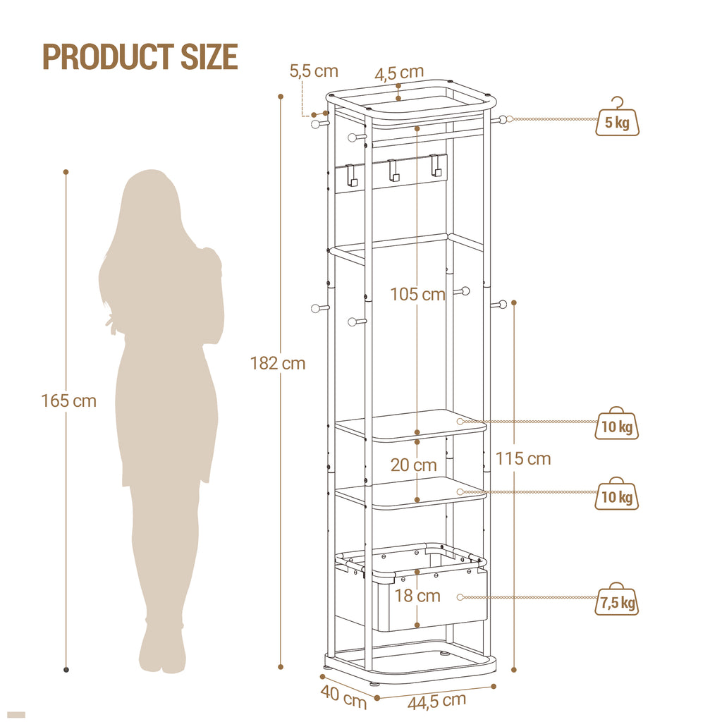 Hzuaneri Coat Stand with Large Storage Basket with 3 Shelves 11 Hooks 40 x 44.5 x 182 cm for Bedroom Hallway Entrance Area White CR34703W