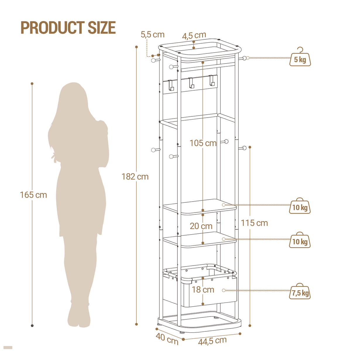 Hzuaneri Coat Stand with Large Storage Basket with 3 Shelves 11 Hooks 40 x 44.5 x 182 cm for Bedroom Hallway Entrance Area White CR34703W