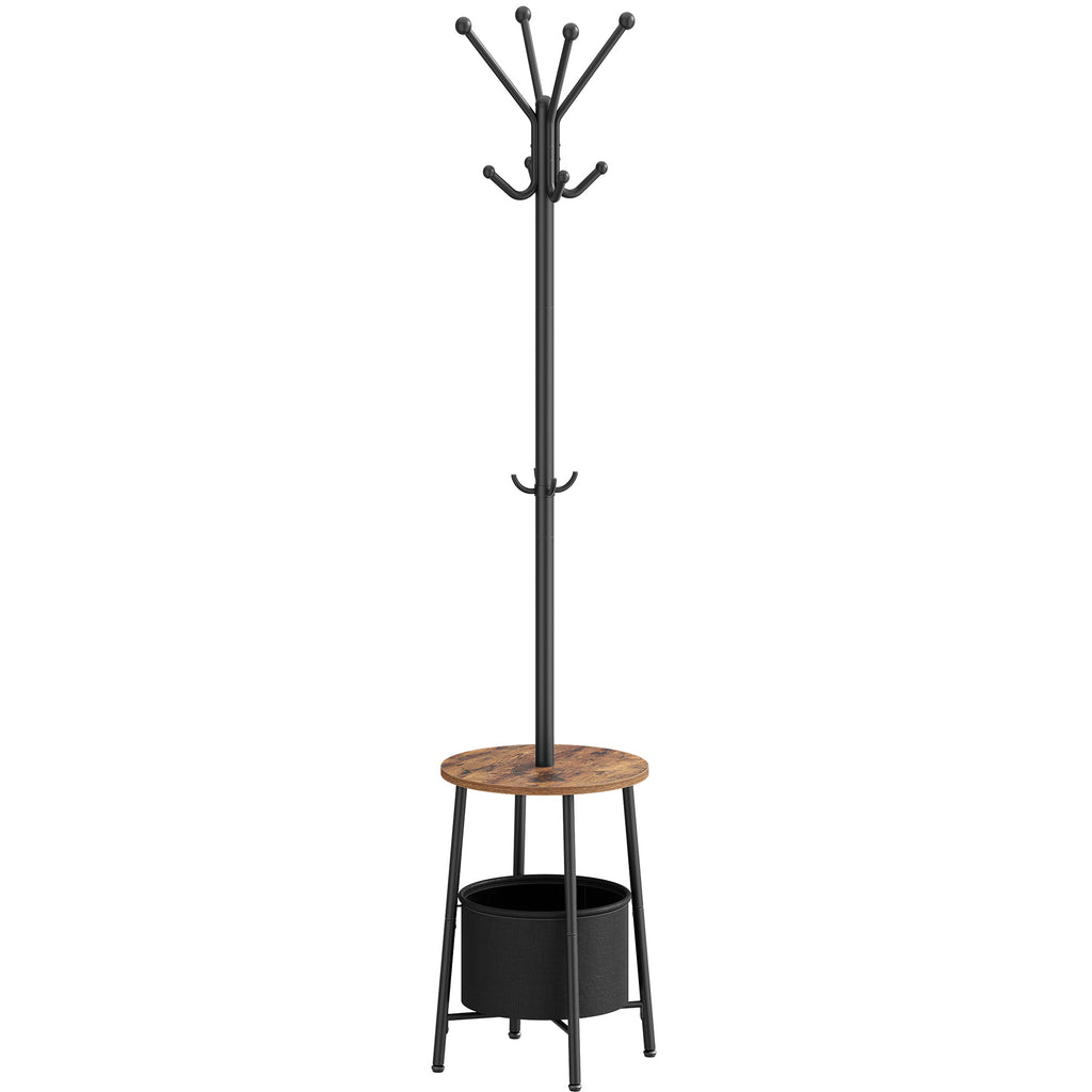 Hzuaneri Coat Rack, Free-Standing Coat Rack with Large Storage Basket, 12 Hooks and 1 Shelf for Scarves, Bags, 182 cm, Rustic Brown and Black CR62601B