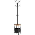 Hzuaneri Coat Rack, Free-Standing Coat Rack with Large Storage Basket, 12 Hooks and 1 Shelf for Scarves, Bags, 182 cm, Rustic Brown and Black CR62601B