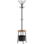 Hzuaneri Coat Rack, Free-Standing Coat Rack with Large Storage Basket, 12 Hooks and 1 Shelf for Scarves, Bags, 182 cm, Rustic Brown and Black CR62601B