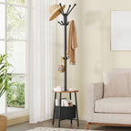 Hzuaneri Coat Rack, Free-Standing Coat Rack with Large Storage Basket, 12 Hooks and 1 Shelf for Scarves, Bags, 182 cm, Rustic Brown and Black CR62601B