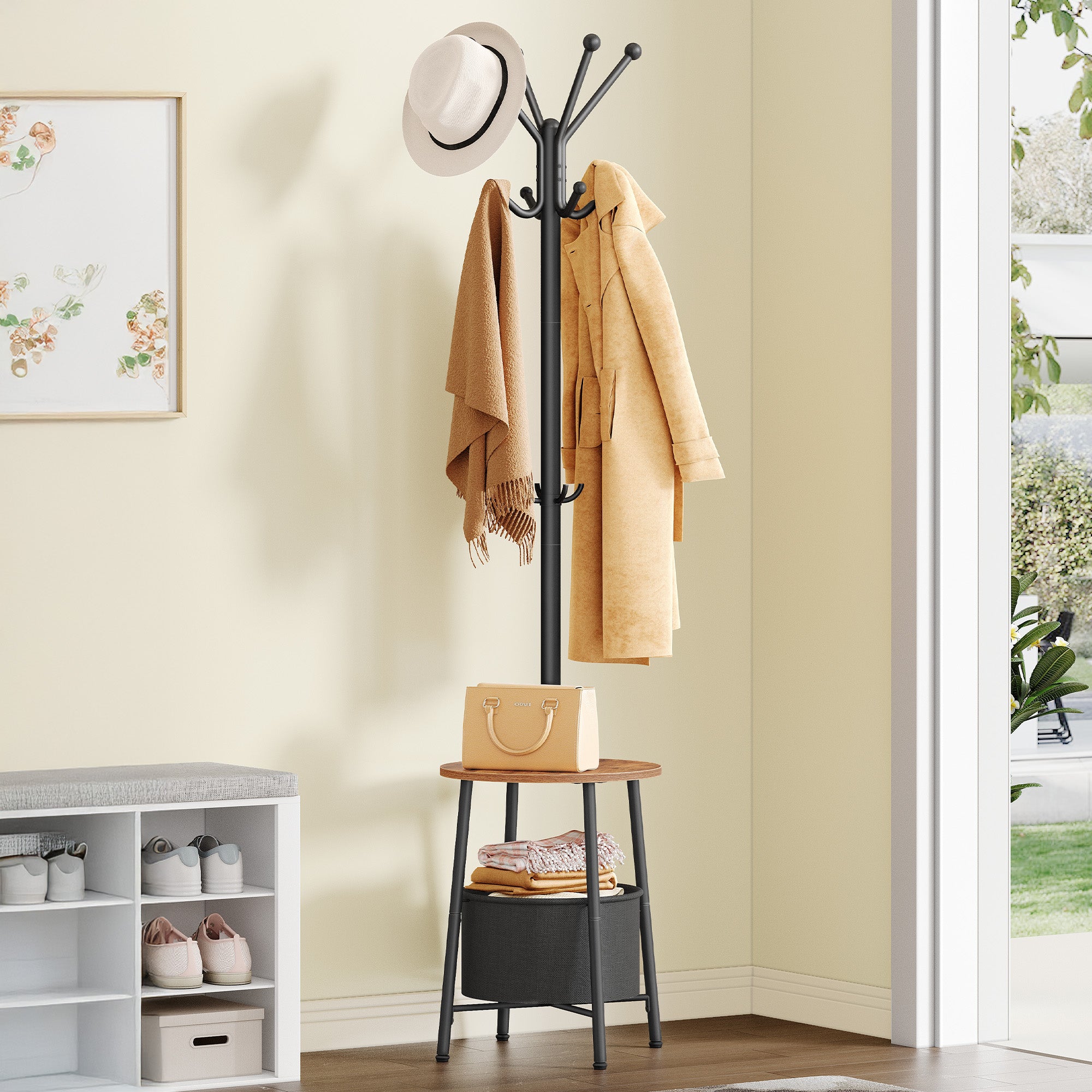 Hzuaneri Coat Rack, Free-Standing Coat Rack with Large Storage Basket, 12 Hooks and 1 Shelf for Scarves, Bags, 182 cm, Rustic Brown and Black CR62601B