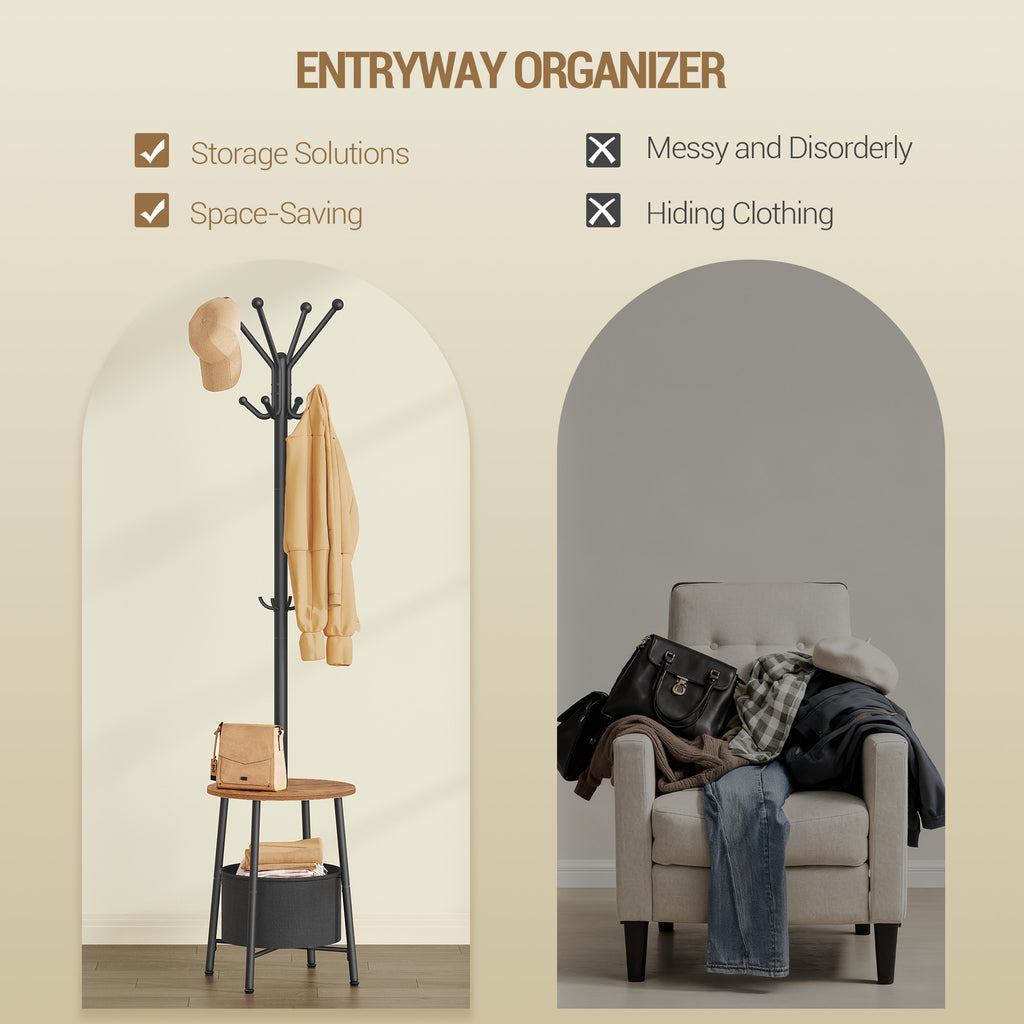 Hzuaneri Coat Rack, Free-Standing Coat Rack with Large Storage Basket, 12 Hooks and 1 Shelf for Scarves, Bags, 182 cm, Rustic Brown and Black CR62601B
