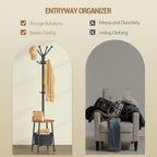 Hzuaneri Coat Rack, Free-Standing Coat Rack with Large Storage Basket, 12 Hooks and 1 Shelf for Scarves, Bags, 182 cm, Rustic Brown and Black CR62601B