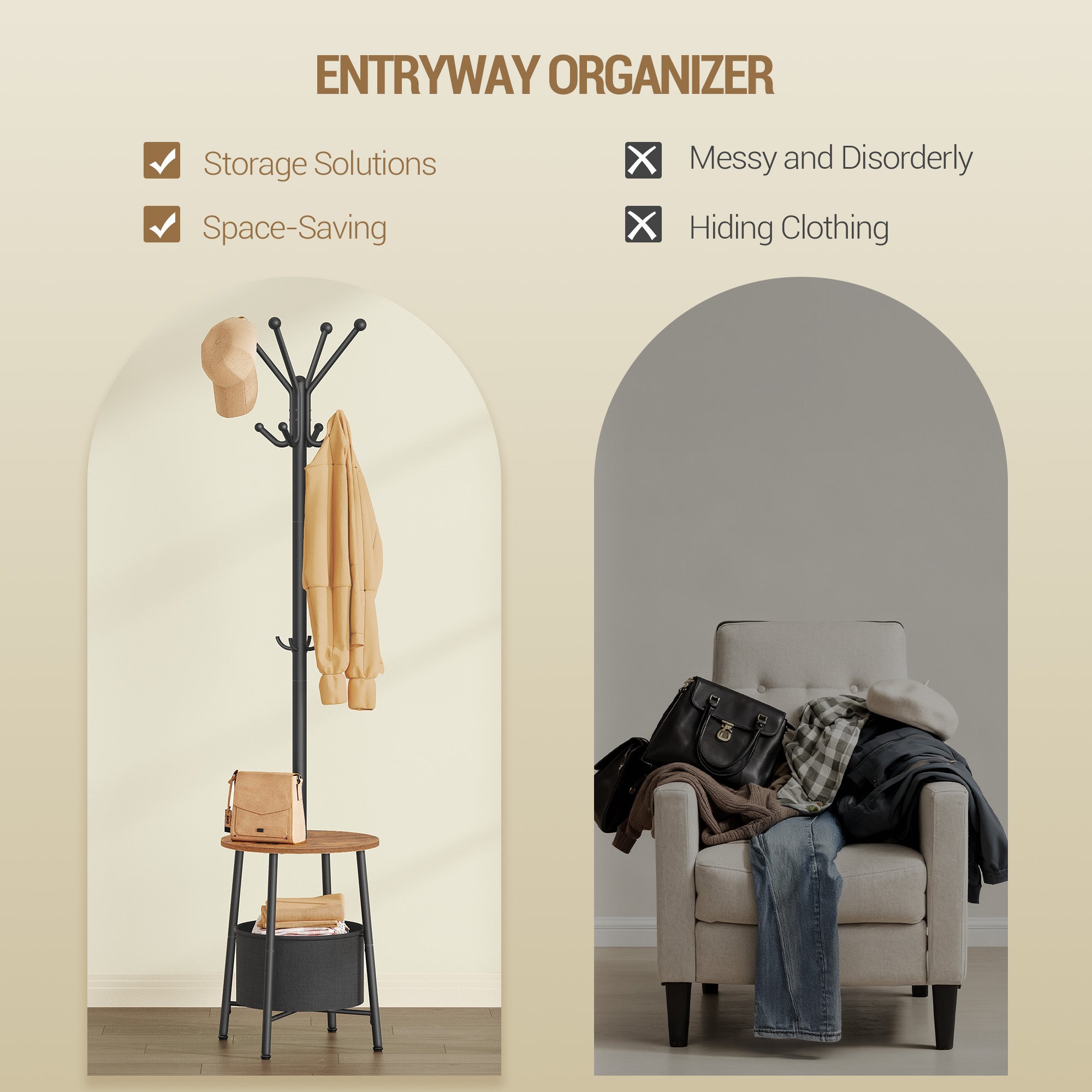 Hzuaneri Coat Rack, Free-Standing Coat Rack with Large Storage Basket, 12 Hooks and 1 Shelf for Scarves, Bags, 182 cm, Rustic Brown and Black CR62601B