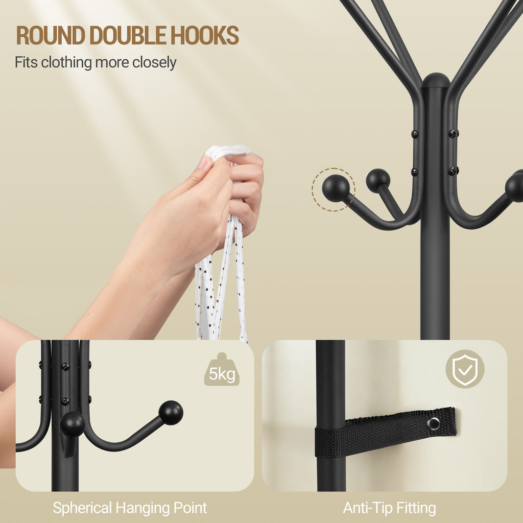 Hzuaneri Coat Rack, Free-Standing Coat Rack with Large Storage Basket, 12 Hooks and 1 Shelf for Scarves, Bags, 182 cm, Rustic Brown and Black CR62601B