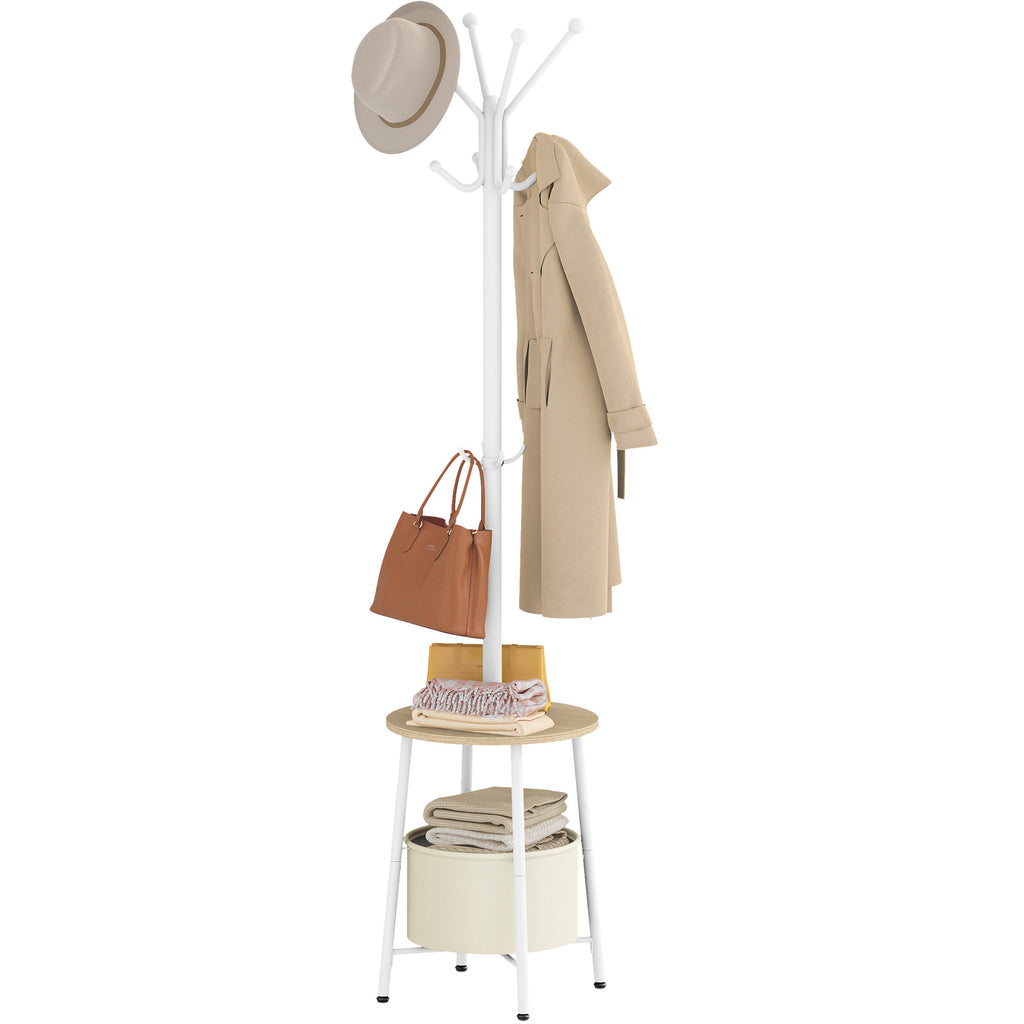 Hzuaneri Coat Rack, Freestanding Coat Rack with Large Storage Basket, 12 Hooks and 1 Shelf for Scarves and Bags, 182 cm, White CR62602W