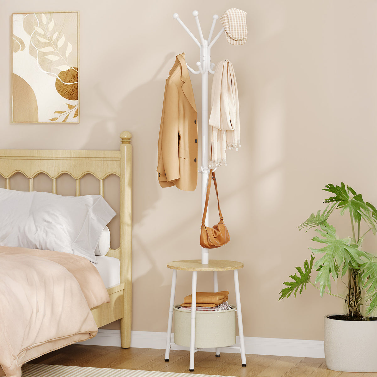 Hzuaneri Coat Rack, Freestanding Coat Rack with Large Storage Basket, 12 Hooks and 1 Shelf for Scarves and Bags, 182 cm, White CR62602W