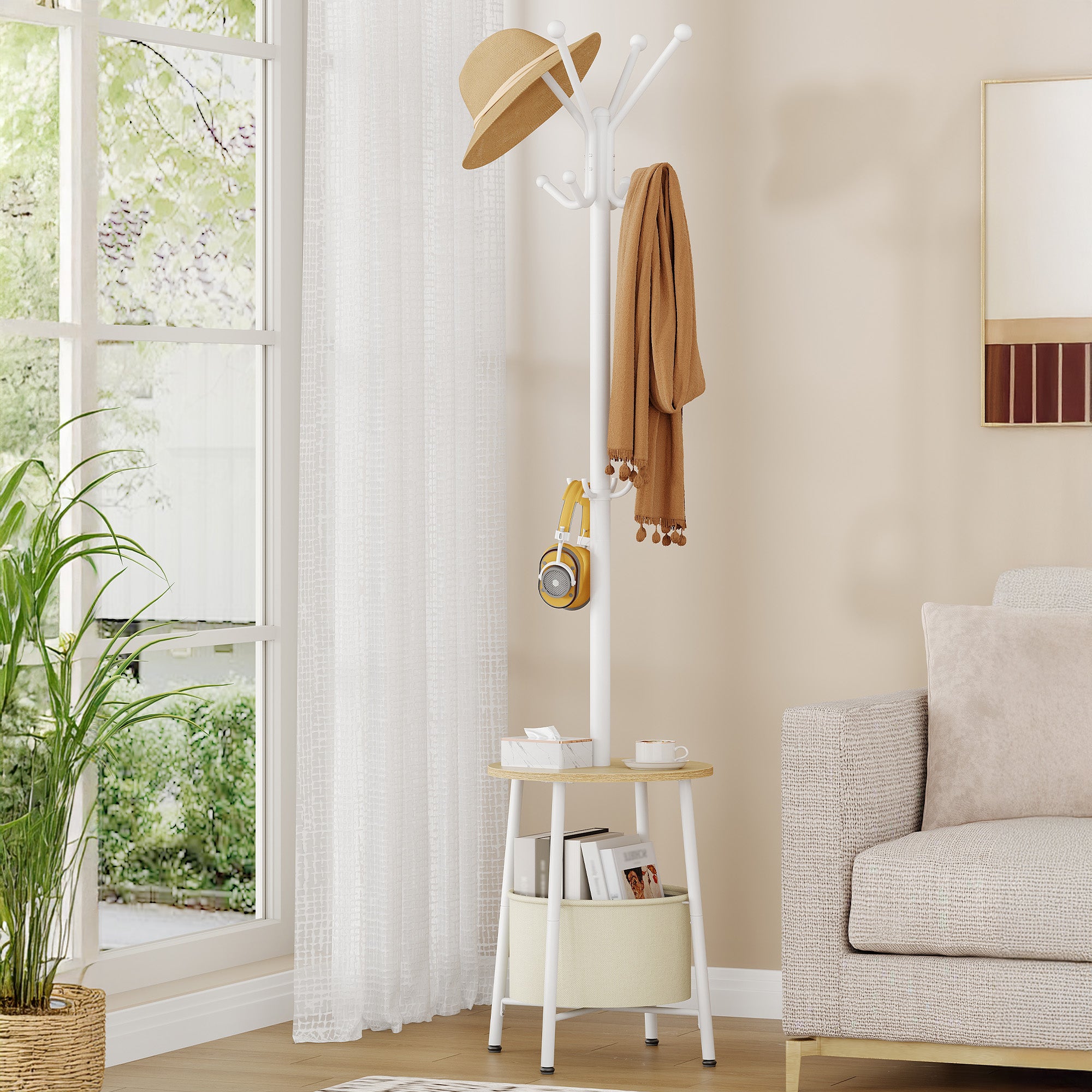 Hzuaneri Coat Rack, Freestanding Coat Rack with Large Storage Basket, 12 Hooks and 1 Shelf for Scarves and Bags, 182 cm, White CR62602W