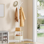 Hzuaneri Coat Rack, Freestanding Coat Rack with Large Storage Basket, 12 Hooks and 1 Shelf for Scarves and Bags, 182 cm, White CR62602W