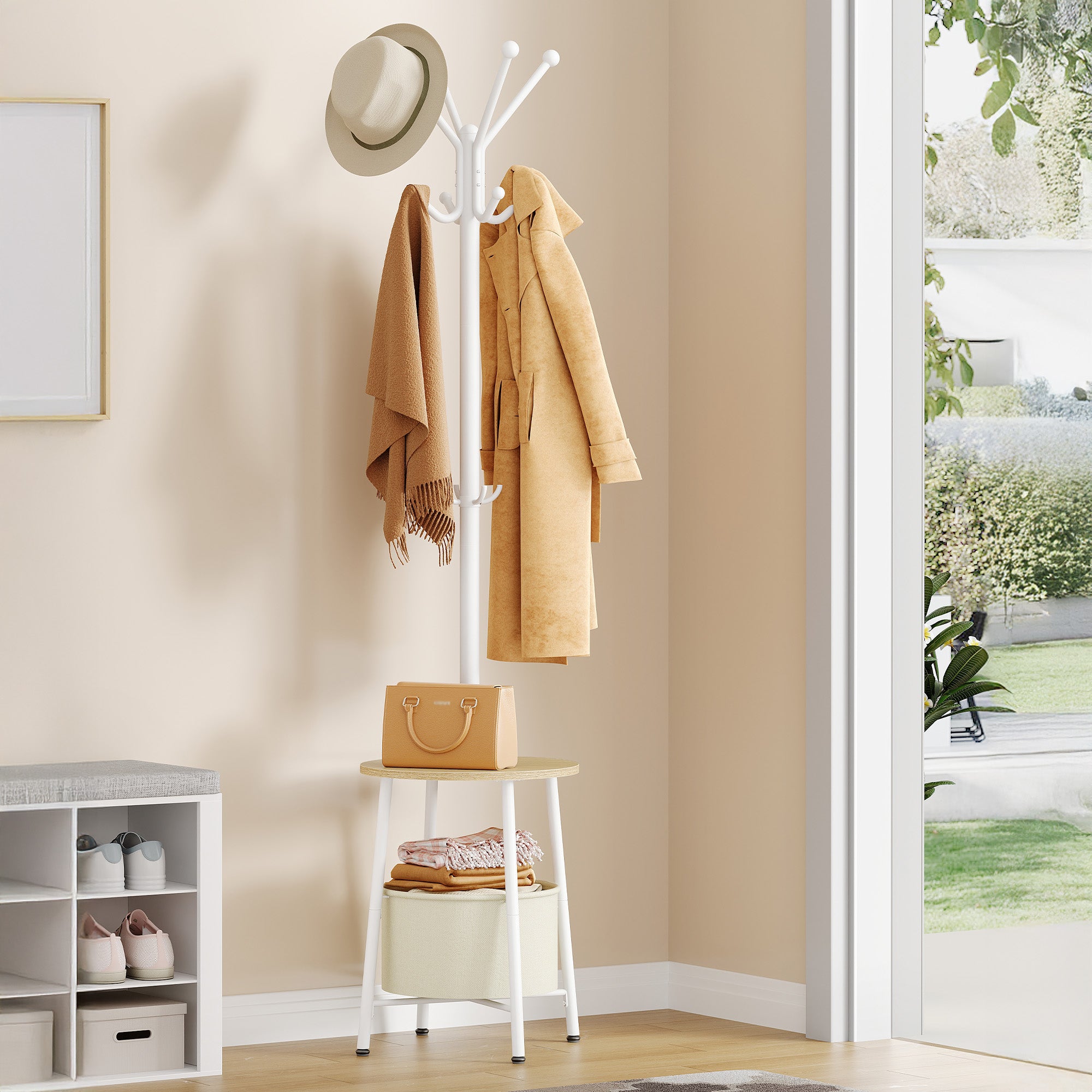 Hzuaneri Coat Rack, Freestanding Coat Rack with Large Storage Basket, 12 Hooks and 1 Shelf for Scarves and Bags, 182 cm, White CR62602W
