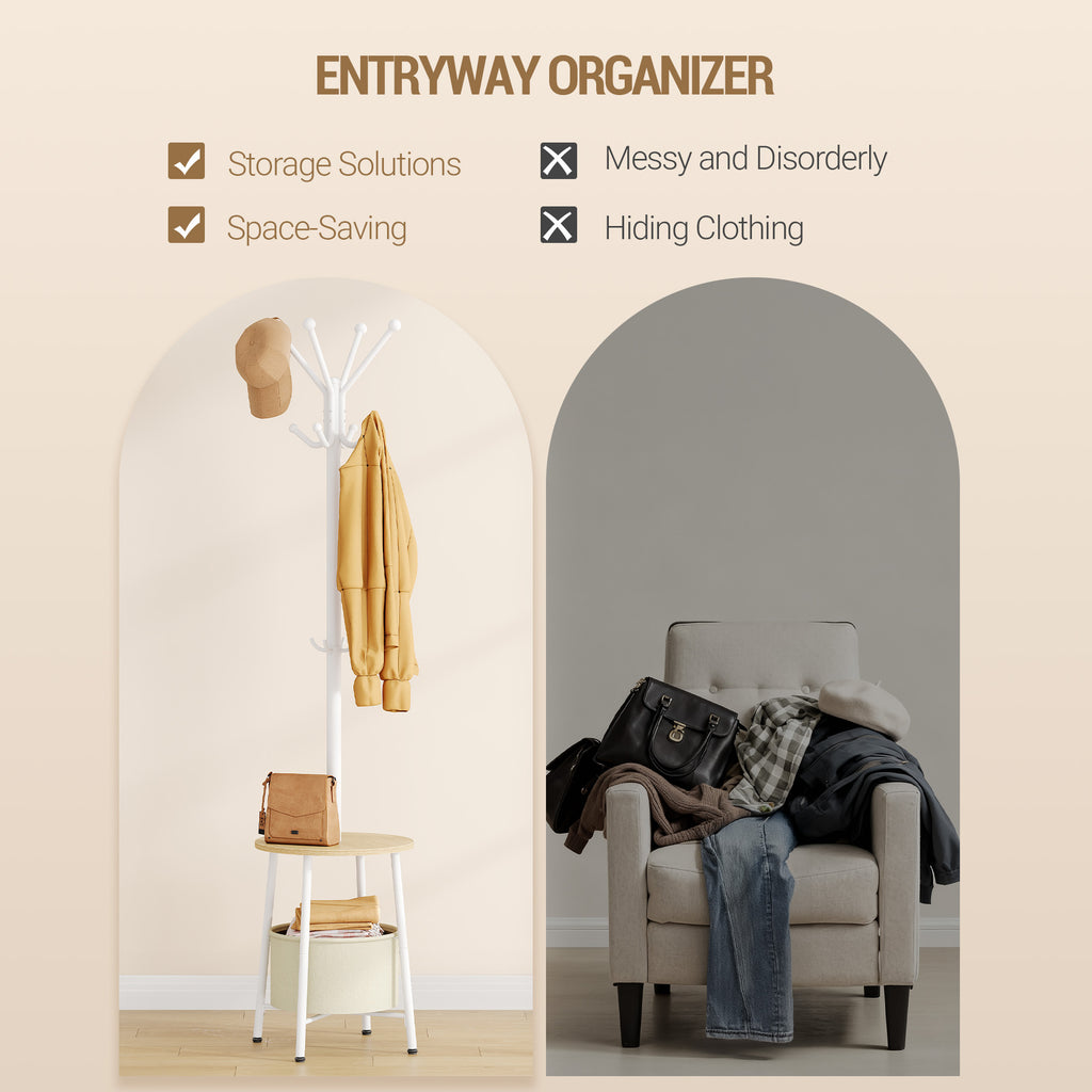 Hzuaneri Coat Rack, Freestanding Coat Rack with Large Storage Basket, 12 Hooks and 1 Shelf for Scarves and Bags, 182 cm, White CR62602W
