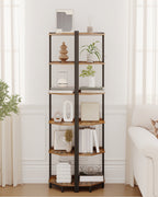 HEXCELEN Corner Shelf, 6-Tier Bookshelf, Freestanding Shelf, Storage Shelf, Corner Bookshelf, Brown-Black