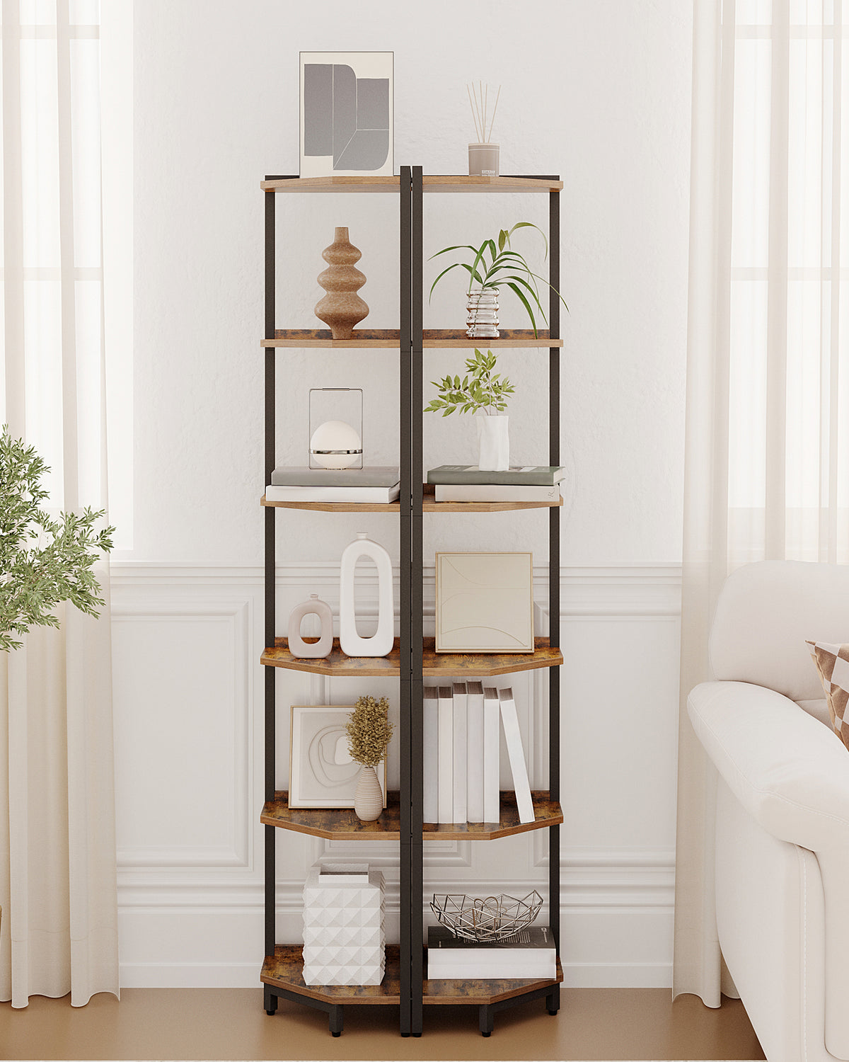HEXCELEN Corner Shelf, 6-Tier Bookshelf, Freestanding Shelf, Storage Shelf, Corner Bookshelf, Brown-Black