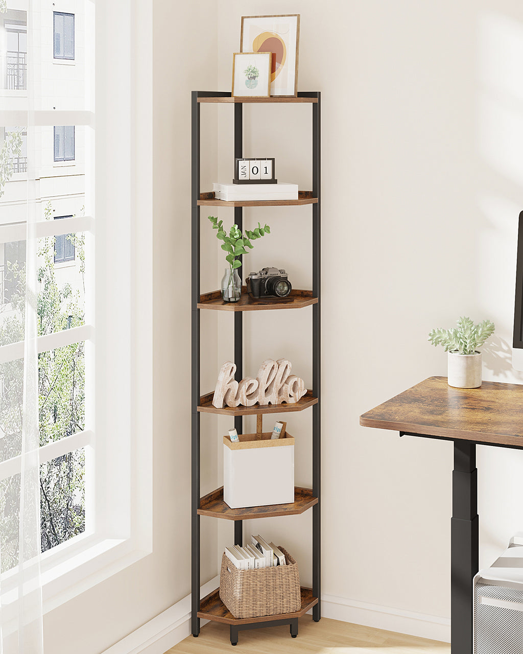 HEXCELEN Corner Shelf, 6-Tier Bookshelf, Freestanding Shelf, Storage Shelf, Corner Bookshelf, Brown-Black