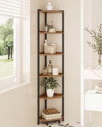HEXCELEN Corner Shelf, 6-Tier Bookshelf, Freestanding Shelf, Storage Shelf, Corner Bookshelf, Brown-Black