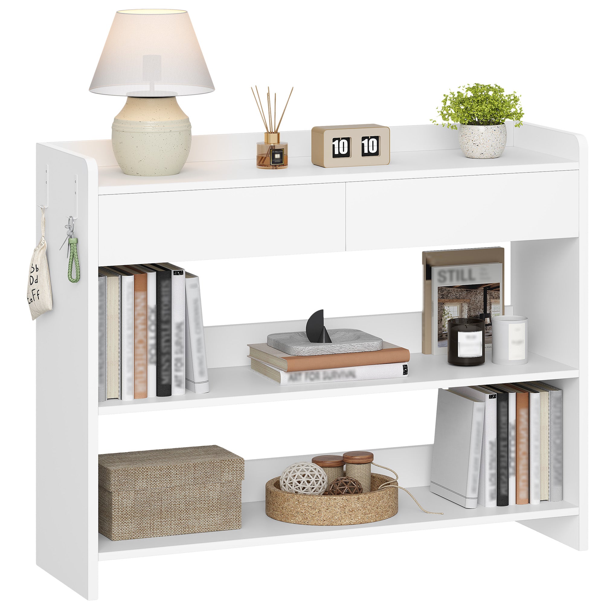 Hzuaneri Console Table with Drawers, Hallway Table with 2-Tier Shelves, Side Table with Table Top Rails, Two Hooks on Each Side, for Hallway, Living Room, 100 × 30 × 80 cm, White CT01603X