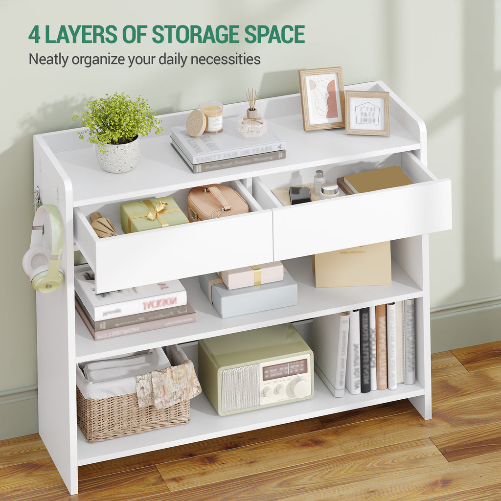 Hzuaneri Console Table with Drawers, Hallway Table with 2-Tier Shelves, Side Table with Table Top Rails, Two Hooks on Each Side, for Hallway, Living Room, 100 × 30 × 80 cm, White CT01603X