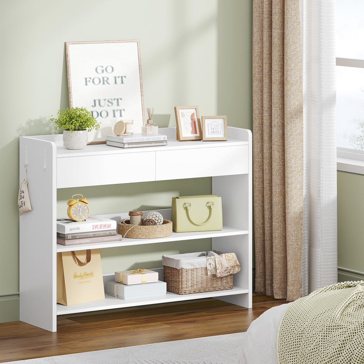 Hzuaneri Console Table with Drawers, Hallway Table with 2-Tier Shelves, Side Table with Table Top Rails, Two Hooks on Each Side, for Hallway, Living Room, 100 × 30 × 80 cm, White CT01603X