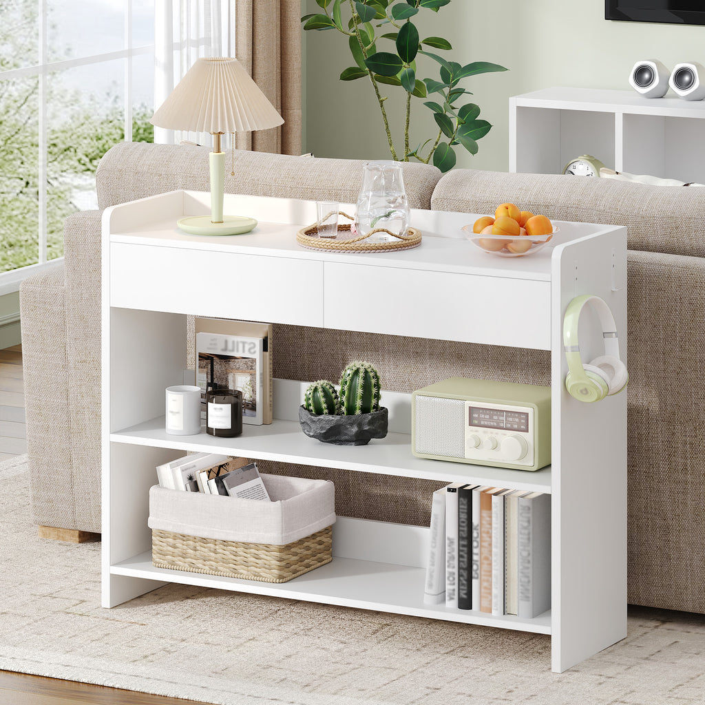 Hzuaneri Console Table with Drawers, Hallway Table with 2-Tier Shelves, Side Table with Table Top Rails, Two Hooks on Each Side, for Hallway, Living Room, 100 × 30 × 80 cm, White CT01603X