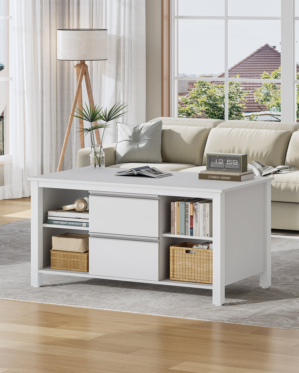Hzuaneri Coffee Table, Living Room Table with 2 Drawers and 4 Open Compartments, Sofa Table, Steel Legs, for the Living Room, 50 x 100 x 50 cm, White-Silver CT22003W