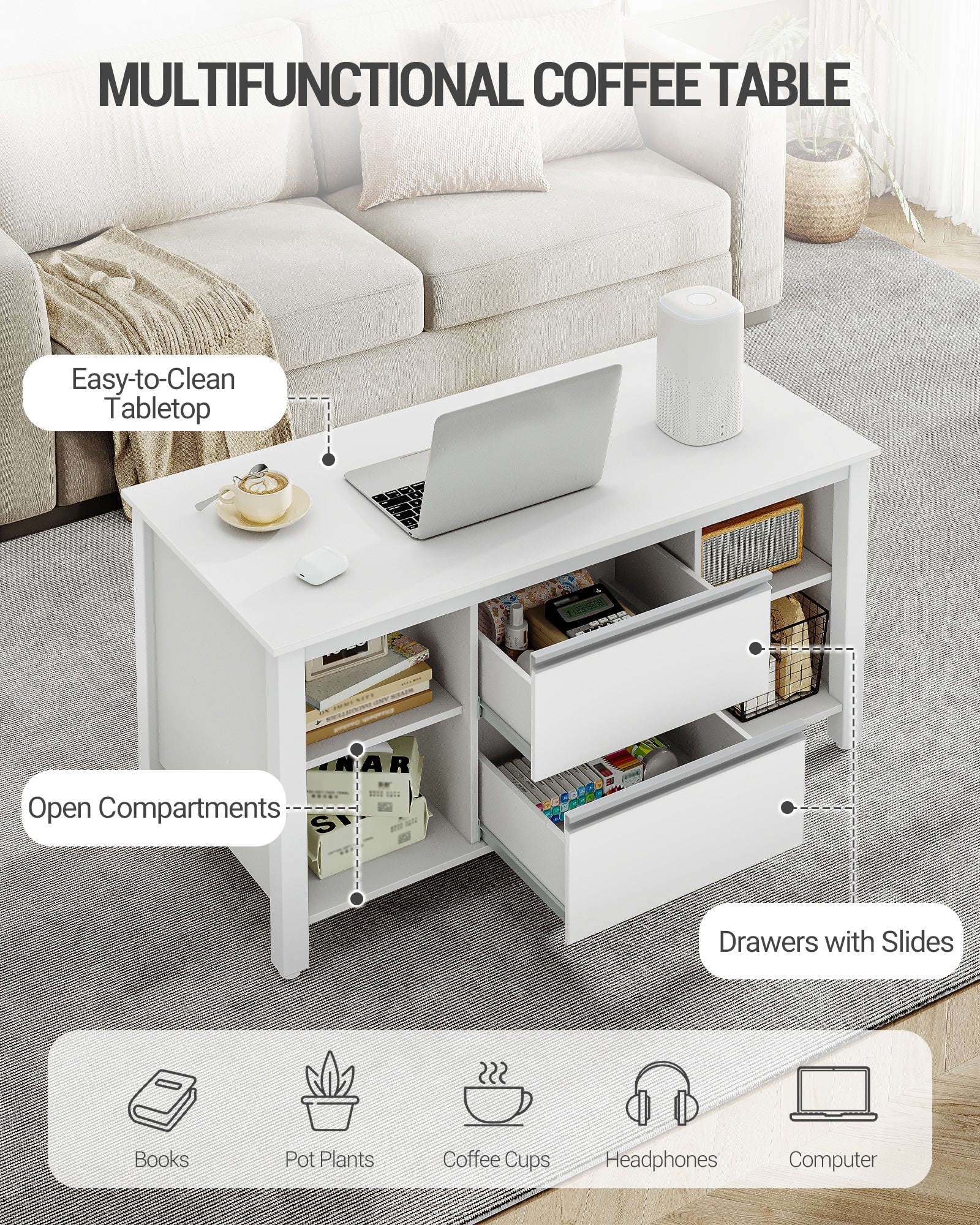 Hzuaneri Coffee Table, Living Room Table with 2 Drawers and 4 Open Compartments, Sofa Table, Steel Legs, for the Living Room, 50 x 100 x 50 cm, White-Silver CT22003W