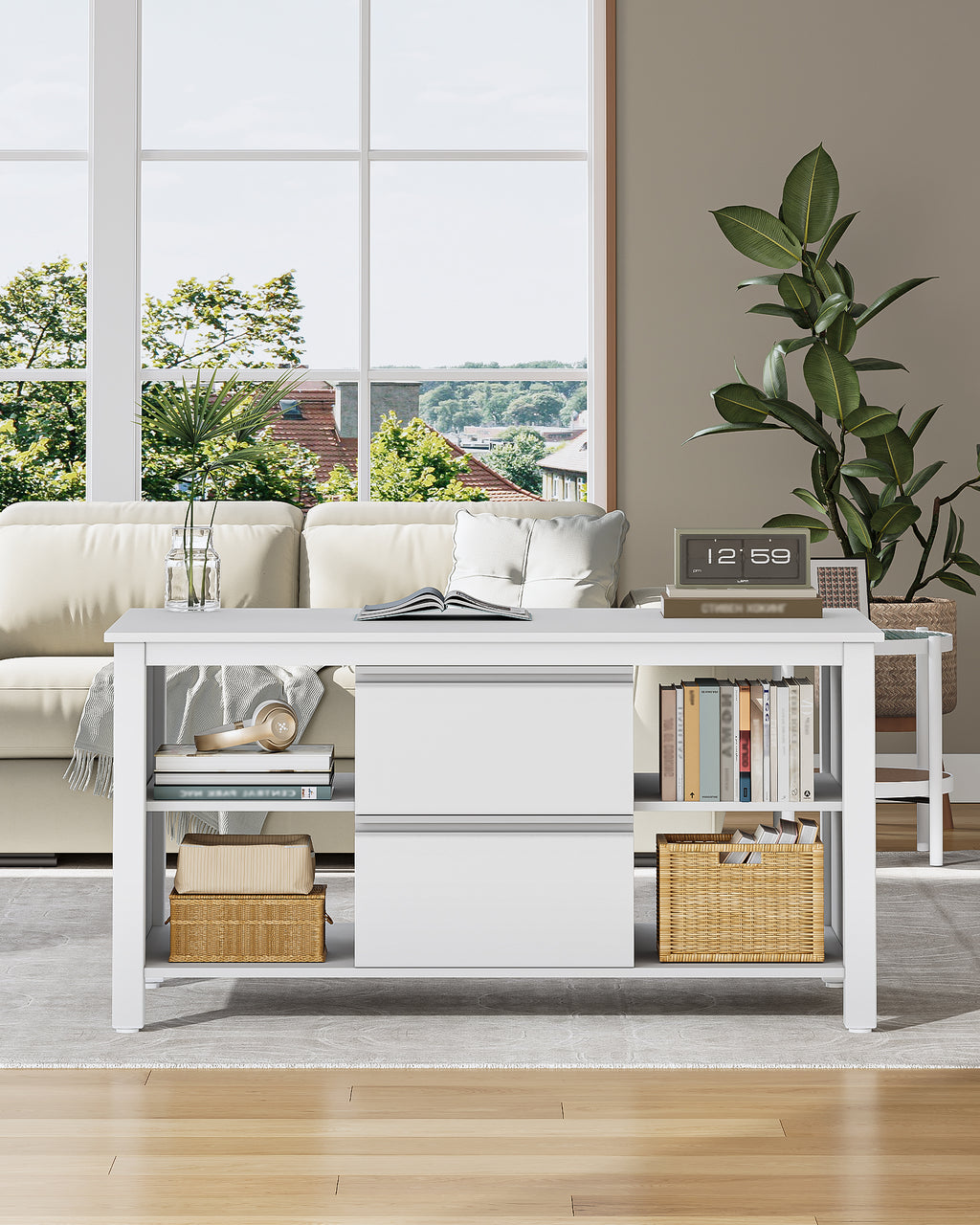 Hzuaneri Coffee Table, Living Room Table with 2 Drawers and 4 Open Compartments, Sofa Table, Steel Legs, for the Living Room, 50 x 100 x 50 cm, White-Silver CT22003W