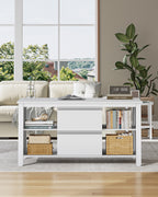 Hzuaneri Coffee Table, Living Room Table with 2 Drawers and 4 Open Compartments, Sofa Table, Steel Legs, for the Living Room, 50 x 100 x 50 cm, White-Silver CT22003W