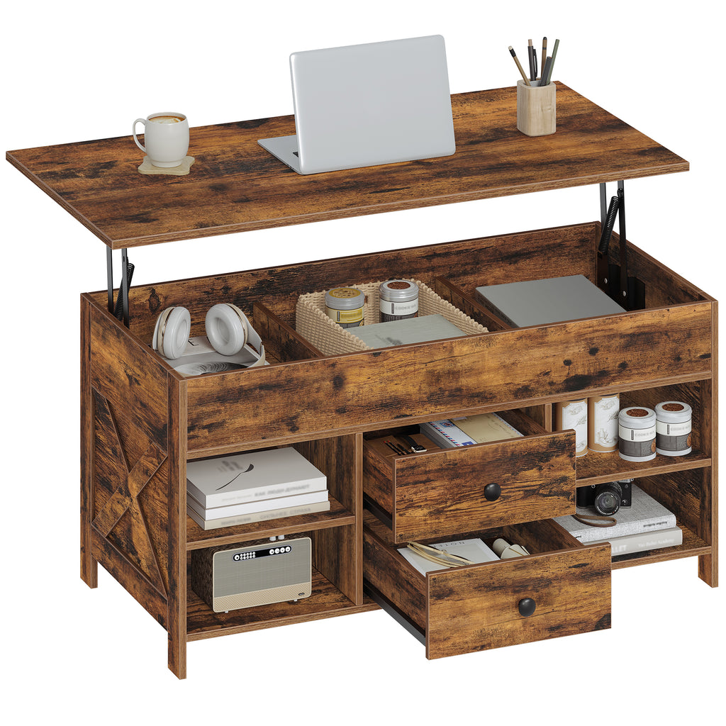 Hzuaneri Coffee Table, Height-Adjustable Living Room Table, Sofa Table, 2 Drawers and Hidden Storage, 50 x 100 x 47.3-61.3 cm, for Living Room, Dining Room, Office, Vintage Brown-Black CT22101B