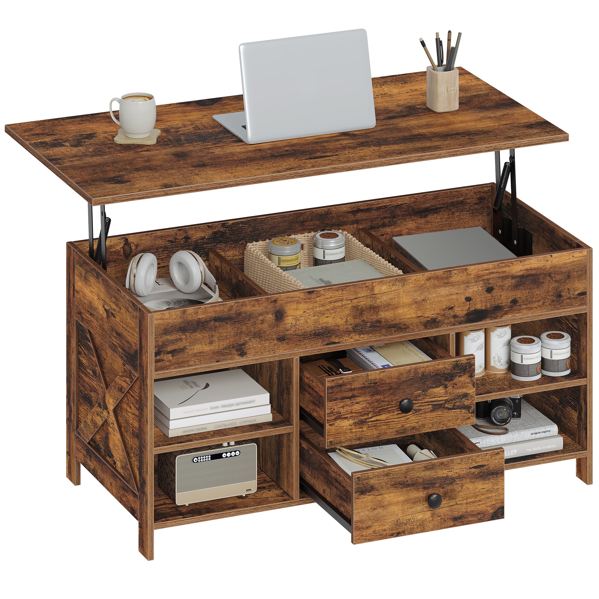 Hzuaneri Coffee Table, Height-Adjustable Living Room Table, Sofa Table, 2 Drawers and Hidden Storage, 50 x 100 x 47.3-61.3 cm, for Living Room, Dining Room, Office, Vintage Brown-Black CT22101B