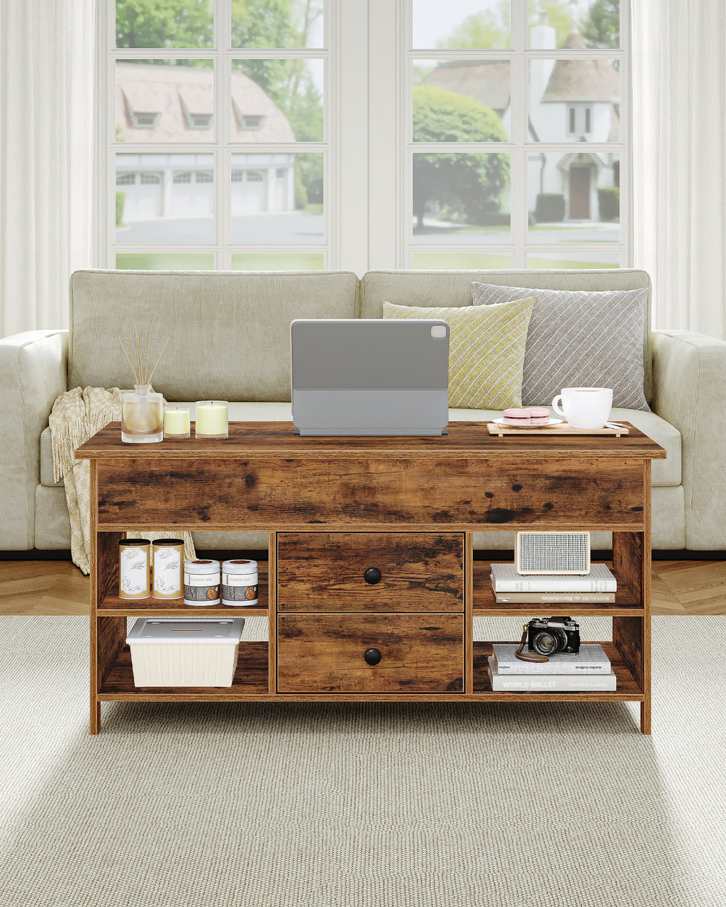 Hzuaneri Coffee Table, Height-Adjustable Living Room Table, Sofa Table, 2 Drawers and Hidden Storage, 50 x 100 x 47.3-61.3 cm, for Living Room, Dining Room, Office, Vintage Brown-Black CT22101B